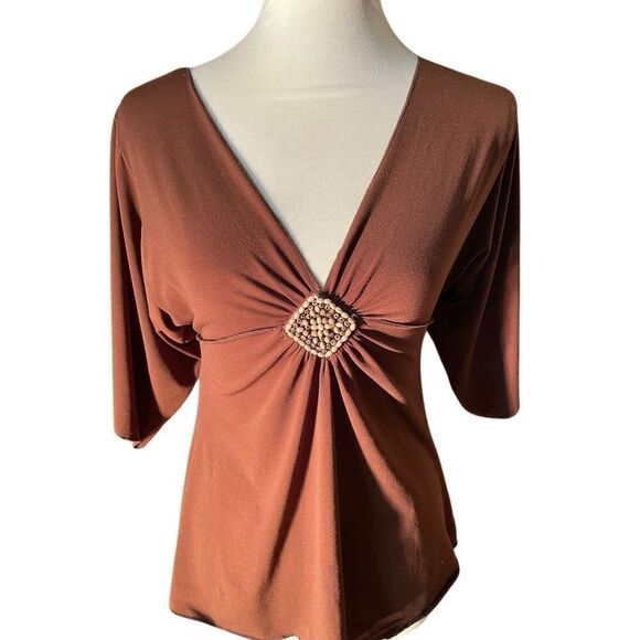 Design Works V-neck Brown Boho Blouse Size Medium - Picture 4 of 12